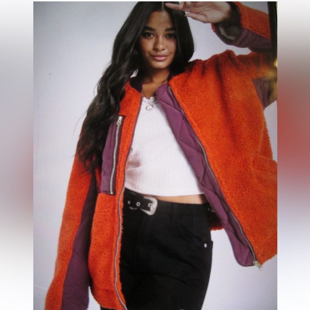 Free People Rivington Sherpa Fleece Combo Red Teddy Jacket women size XS